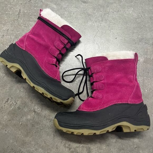 Lands' End Girls Winter Fur Waterproof Snow Boots Pink Black Size 6 - Picture 1 of 8